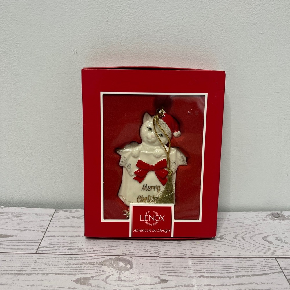 Lenox Kitty Christmas Ornament White Cat Santa Hat Porcelain 838317 New in Box